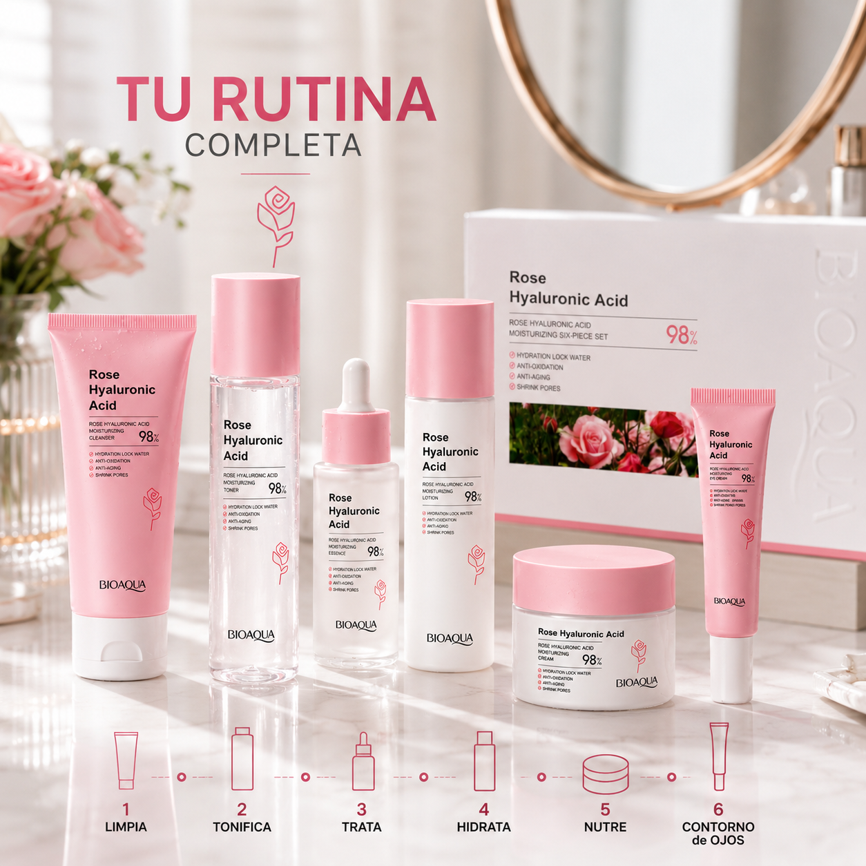 Kit de Cuidado Facial de Rosa y Ácido Hialurónico